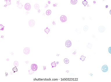 Light Pink, Blue vector background with cuisine gourmet. Beautiful colorful illustration with food in doodle style. Design for ad, poster, banner of cafes or restaurants.