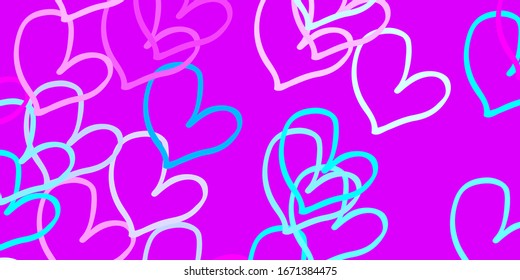 Light Pink, Blue vector background with hearts. Blurred decorative design in doodle style with hearts. Pattern for valentine's ad, booklets.