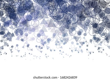 Color rosa claro, fondo vectorial azul con triángulos, círculos. Ilustración abstracta brillante con esferas, líneas triangulares. Patrón para comerciales.