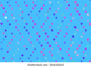 Light Pink, Blue vector background with cards signs. Illustration with set of hearts, spades, clubs, diamonds. Pattern for booklets, leaflets of gambling houses.