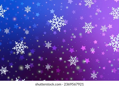 Rosa claro, fondo vectorial azul con hermosos copos de nieve, estrellas. Copos de nieve coloridos con copos de nieve gradientes. Patrón para los sitios web de Año Nuevo.
