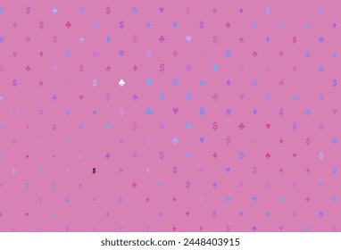 Light pink, blue vector background with cards signs. Glitter abstract sketch with isolated symbols of playing cards. Smart design for your business advert of casinos.