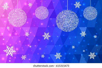 Light Pink Blue vector christmas polygon background. Low poly Illustration consisting of triangles with snowflakes. Texture, seamless background of New Year celebration.