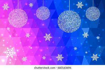 Light Pink Blue vector christmas postcard low polygon background. Illustration consisting of triangles. Abstract triangular polygonal origami or crystal design of New Year celebration.