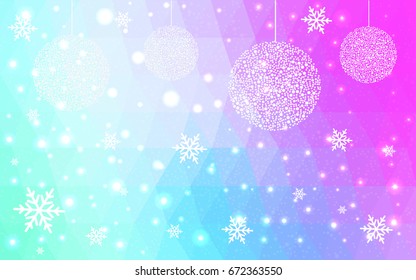 Light Pink Blue vector christmas polygon background. Low poly Illustration consisting of triangles with snowflakes. Texture, seamless background of New Year celebration.