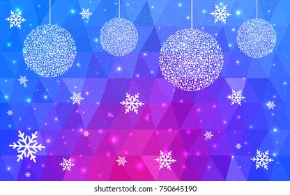 Light Pink Blue vector christmas polygon background. Low poly Illustration consisting of triangles with snowflakes. Texture, seamless background of New Year celebration.