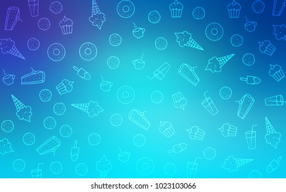 Light Pink, Blue vector cover with set of confections. Decorative shining illustration with sweets on abstract template. Pattern for ads of breakfast, lunch, dinner.