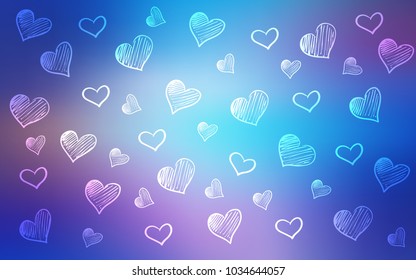 Light Pink, Blue vector cover with Shining hearts. Hearts on blurred abstract background with colorful gradient. Design for ad, poster, banner of Valentine Day.