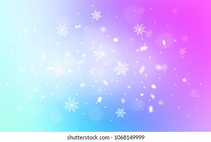 Tapa vectorial azul rosa claro con bellos copos de nieve. Ilustración decorativa brillante con nieve sobre plantilla abstracta. Diseño de año nuevo para tu anuncio, afiche, pancarta.
