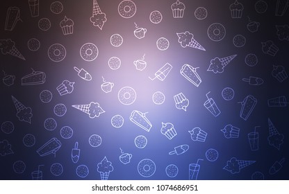 Light Pink, Blue vector cover with set of confections. Glitter abstract sketch with sweets, candies, desserts. Template of children's food in cafe.