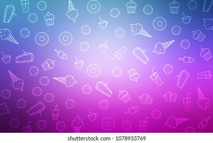 Light Pink, Blue vector cover with set of confections. Blurred decorative design of desserts in doodle style. Pattern for menu of cafes and restaurants.