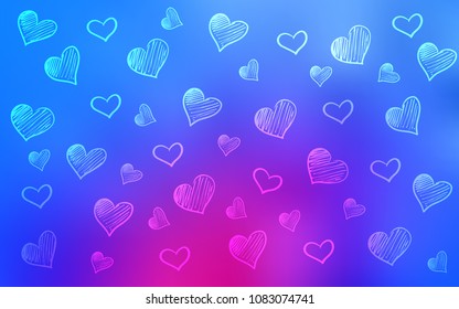 Light Pink, Blue vector cover with Shining hearts. Decorative shining illustration with hearts on abstract template. Pattern for marriage gifts, congratulations.