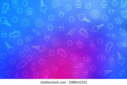 Light Pink, Blue vector cover with set of confections. Beautiful colored illustration with candies in doodle style. Pattern for ads of breakfast, lunch, dinner.