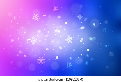 Light Pink, Blue vector cover with beautiful snowflakes. Snow on blurred abstract background with gradient. The pattern can be used for new year leaflets.