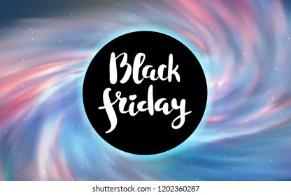 Light Pink, Blue vector cover with a black hole, nebula. Abstract illustration with glitter colorful cosmic stars. Template for Black Friday sales.
