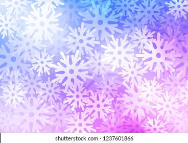 Light Pink, Blue vector cover with beautiful snowflakes. Snow on blurred abstract background with gradient. New year design for your ad, poster, banner.