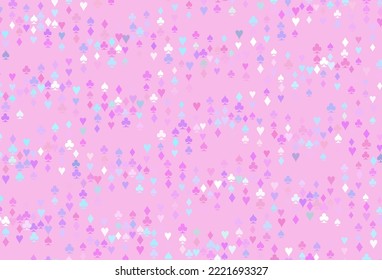 Light Pink, Blue vector cover with symbols of gamble. Illustration with set of hearts, spades, clubs, diamonds. Template for business cards of casinos.