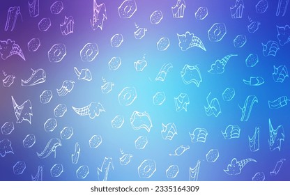 Funda vectorial azul rosa claro con conjunto de confecciones. Decoración borrosa de los postres en forma de doodle. Plantilla de comida para niños en el café.