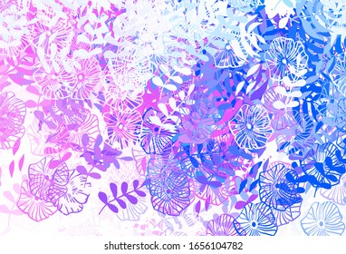 Light Pink, Blue vector doodle texture with leaves, flowers. Illustration with doodles on abstract template. Hand painted design for web, leaflets.
