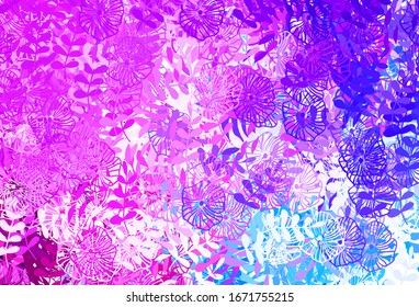 Light Pink, Blue vector doodle texture with leaves, flowers. Abstract illustration with leaves, flowers in doodles style. A new texture for your wallpaper design.