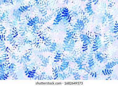 Diseño de doodle de vector azul claro con hojas. Doodles con hojas sobre fondo borroso. Patrón texturizado para sitios web, banners.