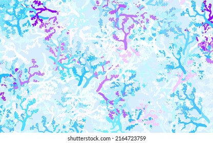 Patrón de doodle de vector azul rosa claro con hojas, ramas. Saltos y ramas con gradiente sobre fondo blanco. Nuevo estilo para su diseño de negocio.