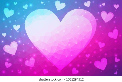 Light Pink, Blue vector greeting Card Happy Valentine's Day. Lettering with hearts on the white polygonal background. Colored triangular illustration for your business.