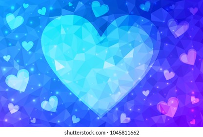Light Pink, Blue vector greeting Card Happy Valentine's Day. Lettering with hearts on the white polygonal background. Colored triangular illustration for your business.