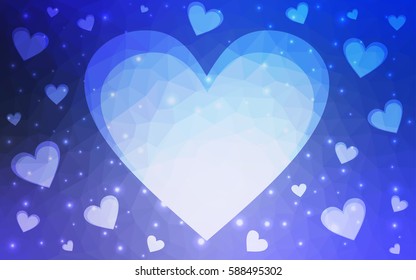 Light Pink, Blue vector greeting Card Happy Valentine's Day. Lettering with hearts on the white polygonal background. Colored triangular illustration for your business.