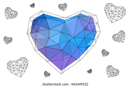 Light Pink, Blue vector greeting Card Happy Valentine's Day. Lettering with hearts on the white polygonal background. Colored triangular illustration for your business.