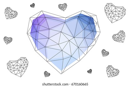 Light Pink, Blue vector greeting Card Happy Valentine's Day. Lettering with hearts on the white polygonal background. Colored triangular illustration for your business.