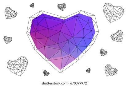 Light Pink, Blue vector greeting Card Happy Valentine's Day. Lettering with hearts on the white polygonal background. Colored triangular illustration for your business.