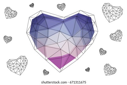 Light Pink, Blue vector greeting Card Happy Valentine's Day. Lettering with hearts on the white polygonal background. Colored triangular illustration for your business.