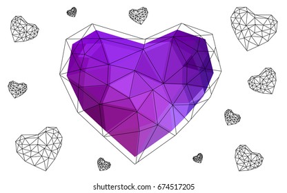 Light Pink, Blue vector greeting Card Happy Valentine's Day. Lettering with hearts on the white polygonal background. Colored triangular illustration for your business.