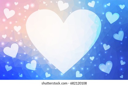 Light Pink, Blue vector greeting Card Happy Valentine's Day. Lettering with hearts on the white polygonal background. Colored triangular illustration for your business.
