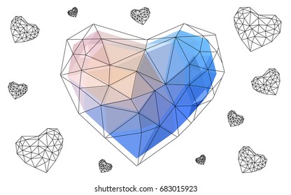 Light Pink, Blue vector greeting Card Happy Valentine's Day. Lettering with hearts on the white polygonal background. Colored triangular illustration for your business.