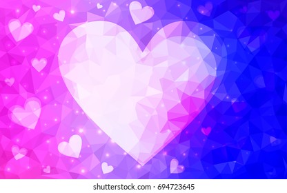 Light Pink, Blue vector greeting Card Happy Valentine's Day. Lettering with hearts on the white polygonal background. Colored triangular illustration for your business.