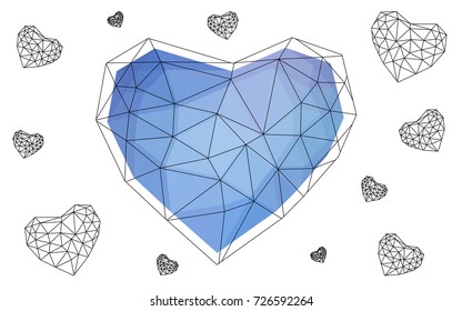 Light Pink, Blue vector greeting Card Happy Valentine's Day. Lettering with hearts on the white polygonal background. Colored triangular illustration for your business.