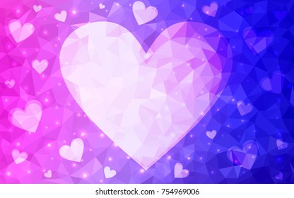 Light Pink, Blue vector greeting Card Happy Valentine's Day. Lettering with hearts on the white polygonal background. Colored triangular illustration for your business.