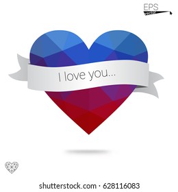 Light Pink, Blue vector heart isolated on white background. Geometric rumpled triangular low poly origami style gradient graphic illustration. Polygonal design for your business.
