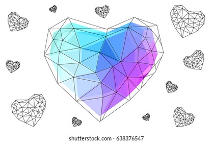 Light Pink, Blue vector heart isolated on white background. Geometric rumpled triangular low poly origami style gradient graphic illustration. Polygonal design for your business.