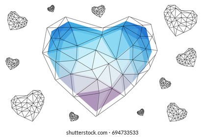 Light Pink, Blue vector heart isolated on white background. Geometric rumpled triangular low poly origami style gradient graphic illustration. Polygonal design for your business.