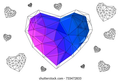 Light Pink, Blue vector heart isolated on white background. Geometric rumpled triangular low poly origami style gradient graphic illustration. Polygonal design for your business.