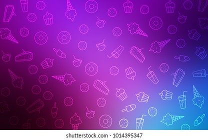 Light Pink, Blue vector layout with sweet desserts. Confections on blurred abstract background with colorful gradient. Pattern for ad, booklets, leaflets of restaurants.