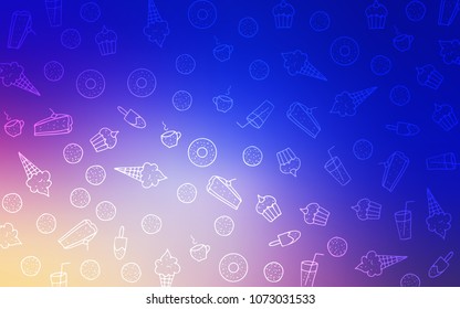 Light Pink, Blue vector layout with sweet desserts. Confections on blurred abstract background with colorful gradient. Doodle design for your business advert of cafes.