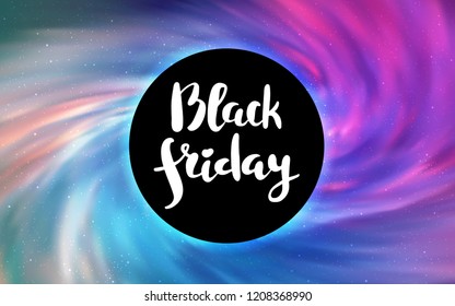 Light Pink, Blue vector layout with a black hole, universe. Abstract illustration with glitter colorful cosmic stars. Template for Black Friday sales.