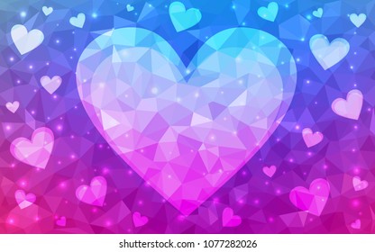 Light Pink, Blue vector love background with heart. Paper note. Valentine's greeting polygonal card. Triangular illustration for your business. Stock template for your design.