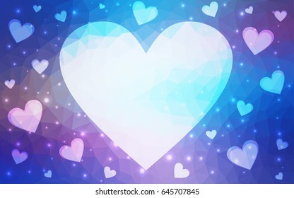 Light Pink, Blue vector love background with heart. Paper note. Valentine's greeting polygonal card. Triangular illustration for your business. Stock template for your design.