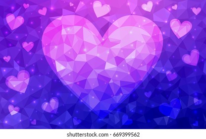 Light Pink, Blue vector love background with heart. Paper note. Valentine's greeting polygonal card. Triangular illustration for your business. Stock template for your design.