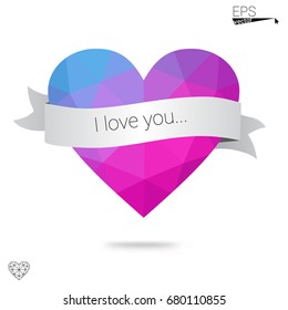 Light Pink, Blue vector love background with heart. Paper note. Valentine's greeting polygonal card. Triangular illustration for your business. Stock template for your design.